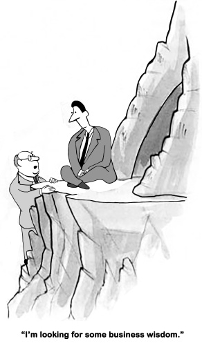 Business cartoon of a wise businessman meditating on a cliff, his coworker is looking for 'some business wisdom'.